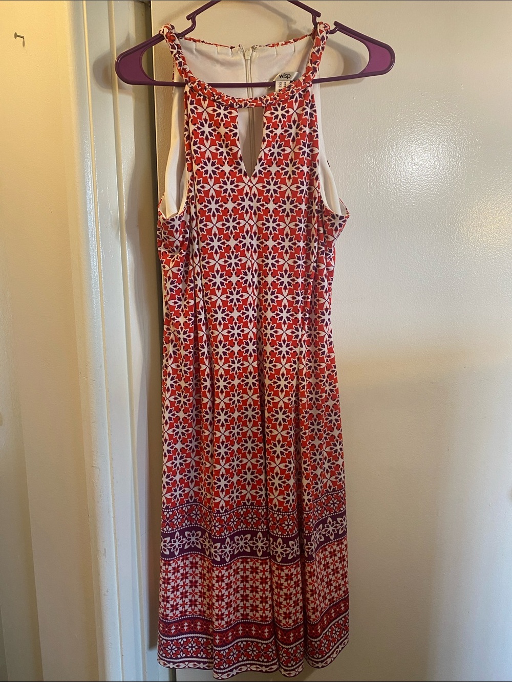 Wisp Sleeveless Red Printed Midi Dress with Keyhole Neckline